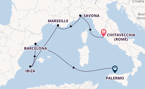 Westelijke Middellandse Zee vanaf Civitavecchia (Rome), Italië met de Costa Smeralda
