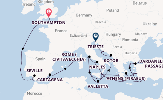 Mediterranean Sea from Southampton, England with the Queen Elizabeth