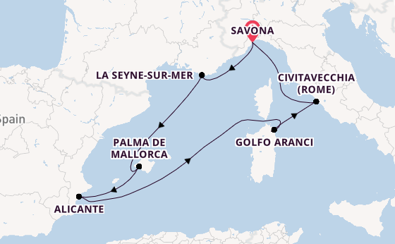 Westelijke Middellandse Zee vanaf Savona, Italië met de Costa Pacifica