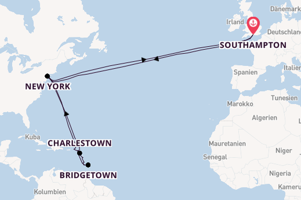 Transatlantik ab Southampton, Großbritannien auf der Queen Mary 2