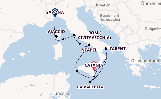 Westliches Mittelmeer ab Catania, Italien auf der Costa Serena