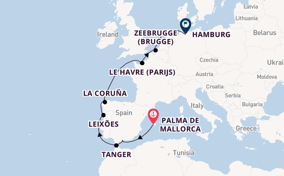 Westelijke Middellandse Zee vanaf Palma de Mallorca, Mallorca, Spanje met de Mein Schiff 7