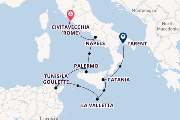 Westelijke Middellandse Zee vanaf Civitavecchia (Rome), Italië met de Costa Fascinosa