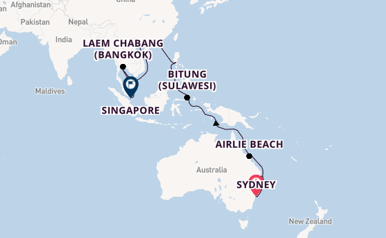Zuidoost-Azië vanaf Sydney, Australië met de Queen Anne