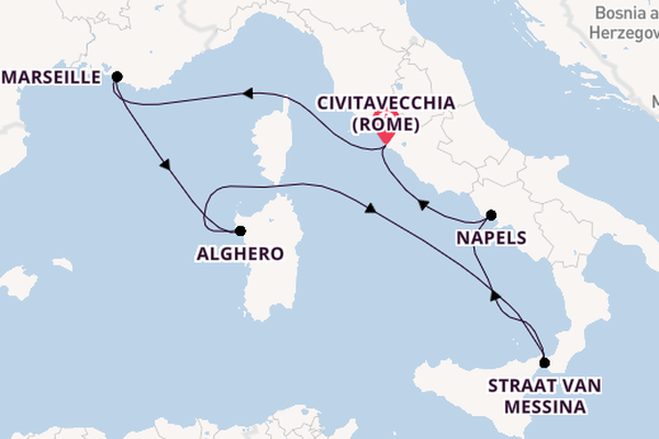 Westelijke Middellandse Zee vanaf Civitavecchia (Rome), Italië met de Queen Victoria