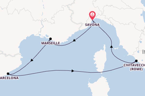 Westelijke Middellandse Zee vanaf Savona, Italië met de Costa Smeralda