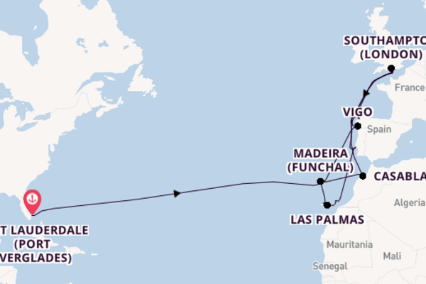 Voyage from Fort Lauderdale (Port Everglades) to Southampton (London) via Vigo