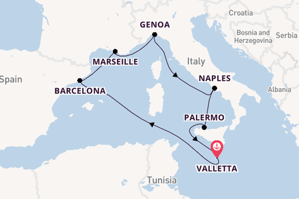 Western Mediterranean from Valletta, Malta with the MSC Seaview