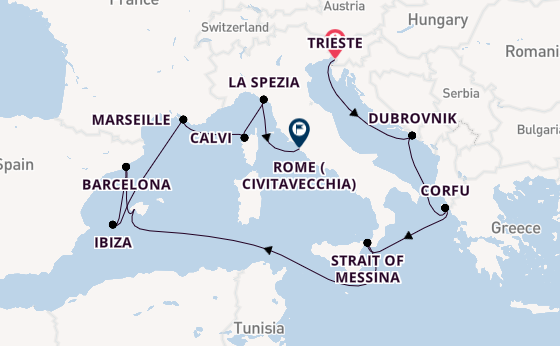 Western Mediterranean from Trieste, Italy with the Queen Elizabeth