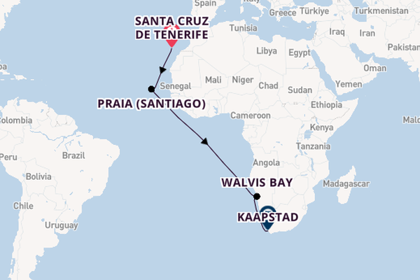 Zuidelijk Afrika vanaf Santa Cruz de Tenerife, Tenerife, Spanje met AIDAperla