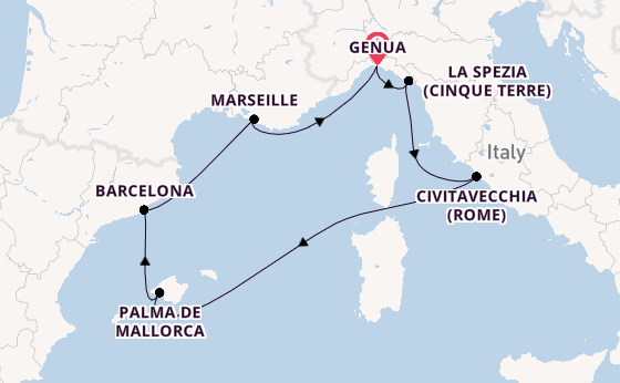 Westelijke Middellandse Zee vanaf Genua, Italië met de MSC Grandiosa