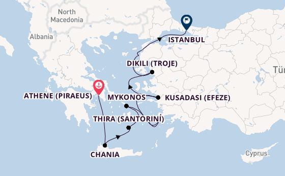 Oostelijke Middellandse Zee vanaf Athene (Piraeus), Griekenland met de Seven Seas Mariner