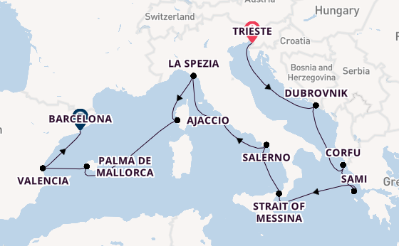 Western Mediterranean from Trieste, Italy with the Queen Elizabeth
