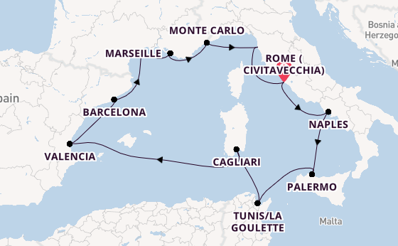 Western Mediterranean from Rome (Civitavecchia), Italy with the Viking Star
