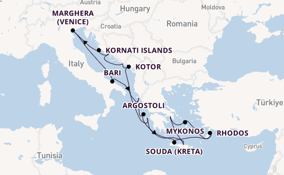 Oostelijke Middellandse Zee vanaf Athene (Piraeus), Griekenland met de Costa Deliziosa
