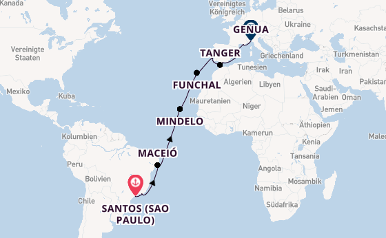 Transatlantik ab Santos (Sao Paulo), Brasilien auf der MSC Seaview