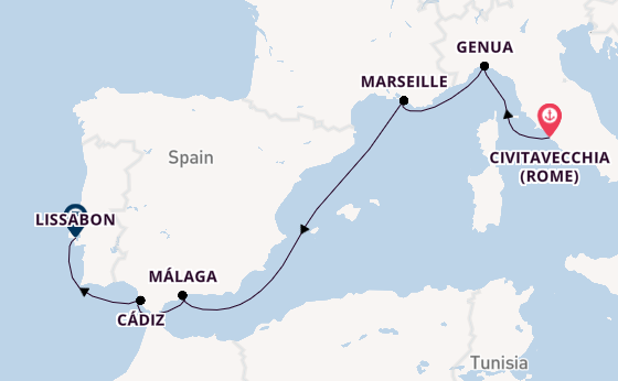 Westelijke Middellandse Zee vanaf Civitavecchia (Rome), Italië met de MSC Sinfonia