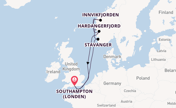 Noorwegen vanaf Southampton (Londen), Engeland met de Queen Anne