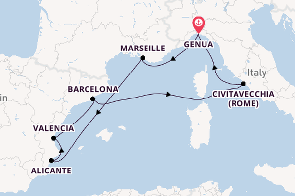 Westelijke Middellandse Zee vanaf Genua, Italië met de MSC Magnifica