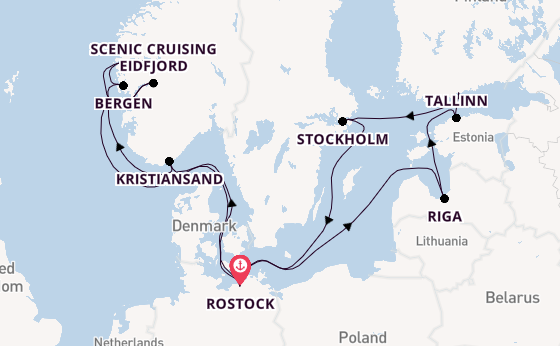 Noorwegen vanaf Rostock, Warnemünde, Duitsland met AIDAdiva