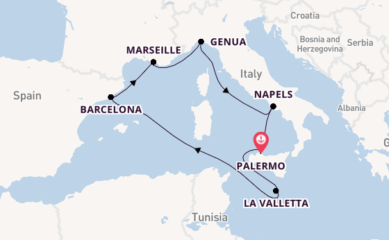 Westelijke Middellandse Zee vanaf Palermo, Sicilië met de MSC Seaview