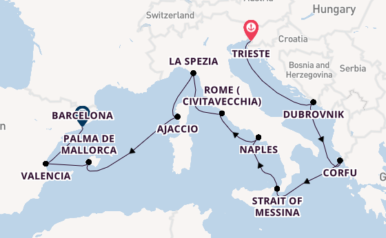 Western Mediterranean from Trieste, Italy with the Queen Elizabeth