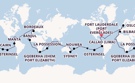 Weltreise ab Fort Lauderdale (Port Everglades), USA auf der Volendam