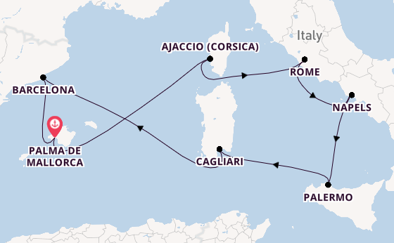 Westelijke Middellandse Zee vanaf Palma de Mallorca, Mallorca, Spanje met de Mein Schiff Flow