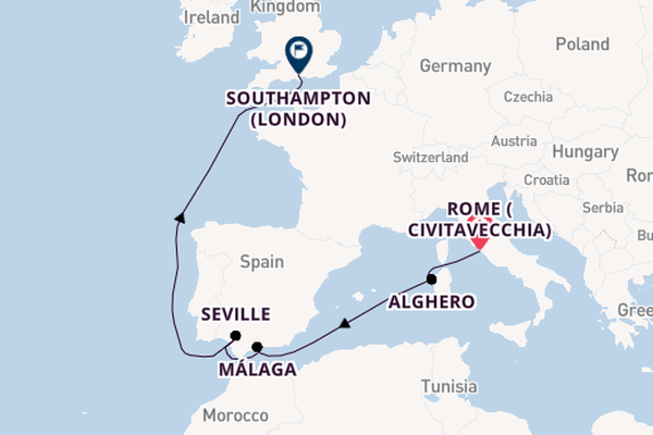 Western Mediterranean from Rome (Civitavecchia), Italy with the Queen Mary 2