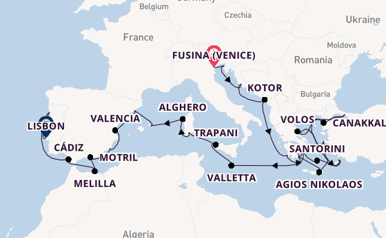 Mediterranean Sea from Fusina (Venice) with the Seabourn Ovation 