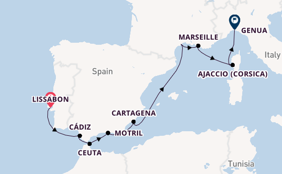 Middellandse Zee vanaf Lissabon, Portugal met de Seabourn Ovation